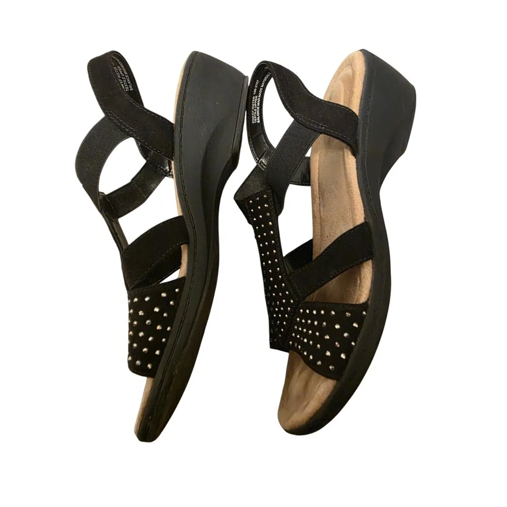 East 5th Inster Black Studded Memory Foam Wedge Sandals Womens 9.5M